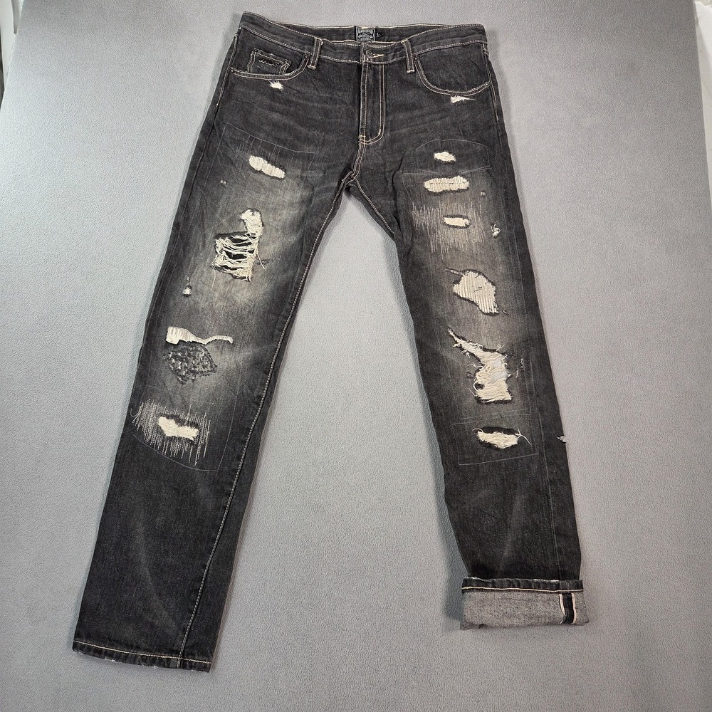 Mania Japanese Selvedge Jeans Mens Black Patchwork Thrashed Fits 32x32